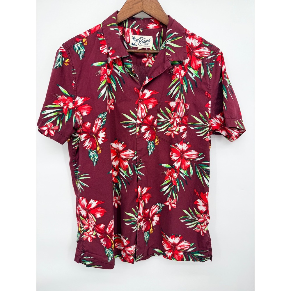 Aeropostale Resort Shirt Mens Medium Burgundy Floral Hibiscus Good Short Sleeve